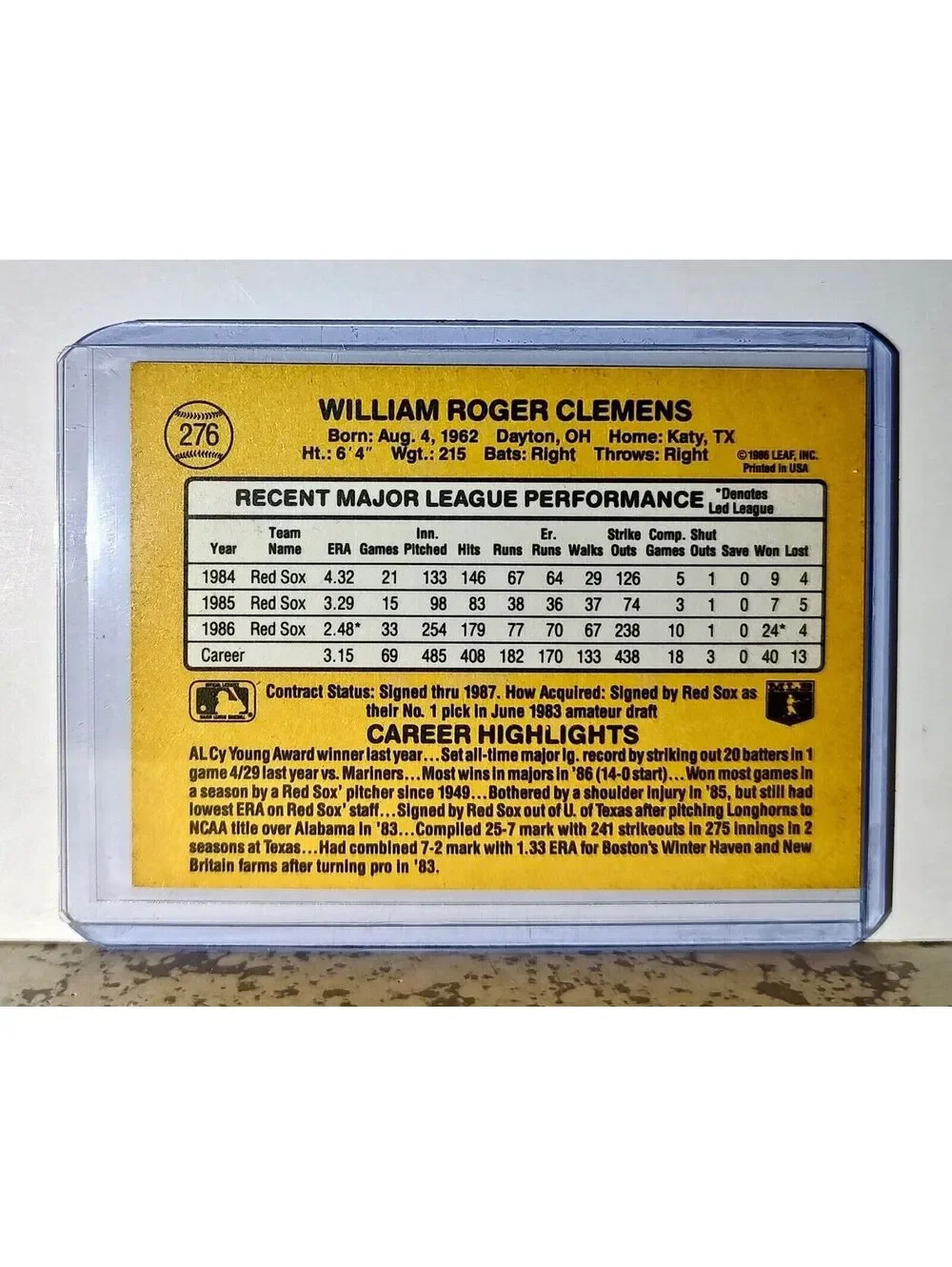 Roger Clemens 1987 Donruss MLB #276 Baseball Card Boston Red Sox